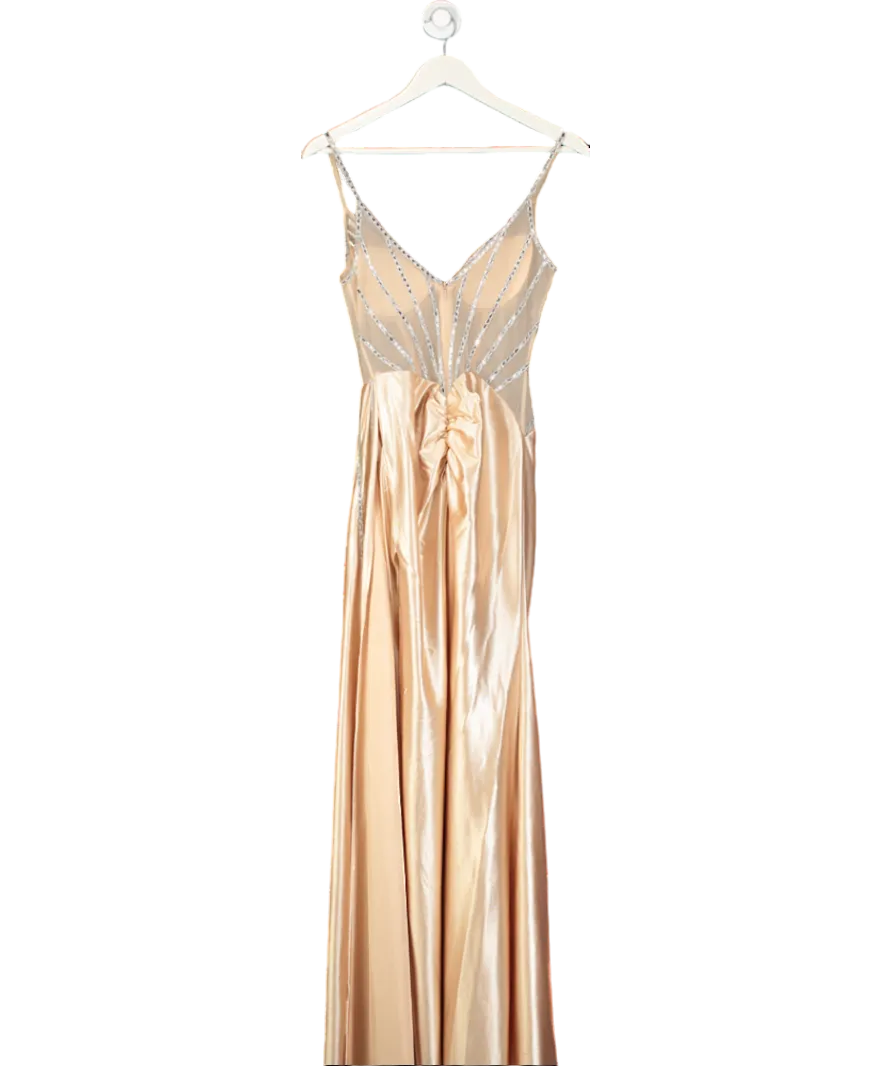 Ladivine Nude Embellished Mesh Corset Dress With Satin Skirt UK S