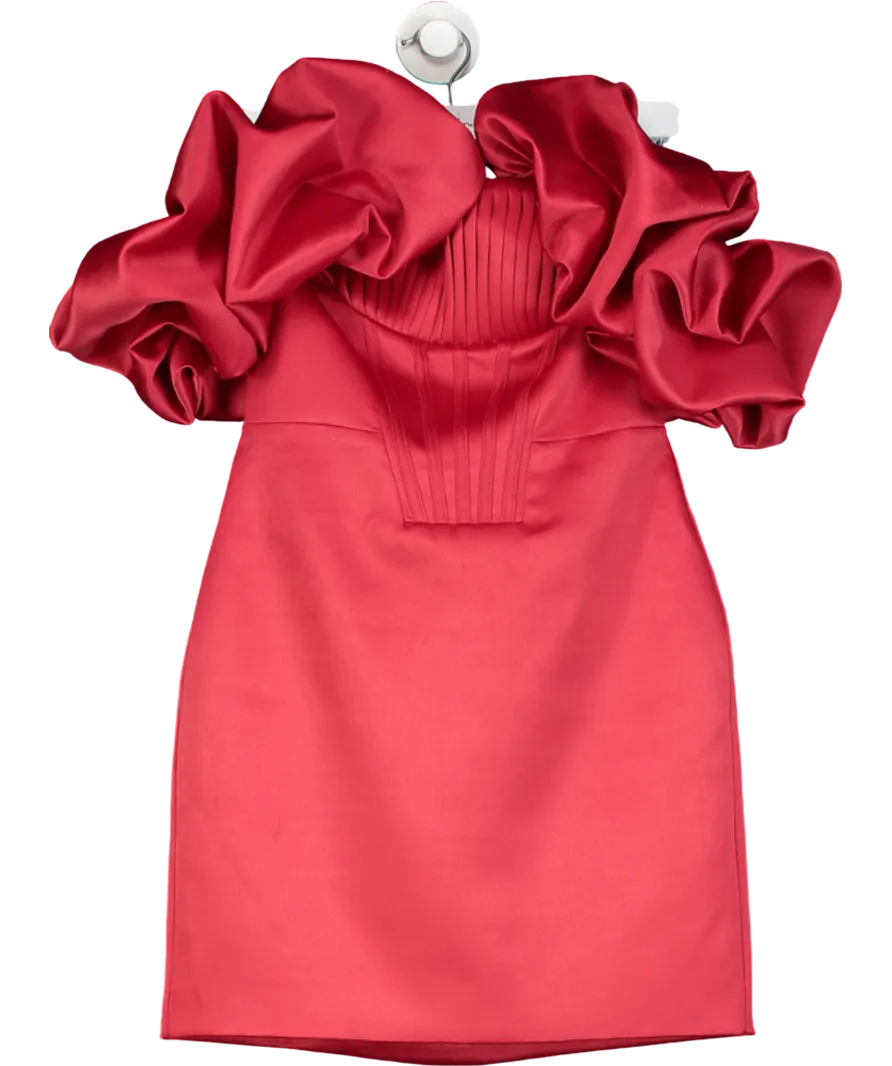 Lavish Alice Red Scarlet Satin Pleated Corset Puff Sleeve Mini Dress UK 6