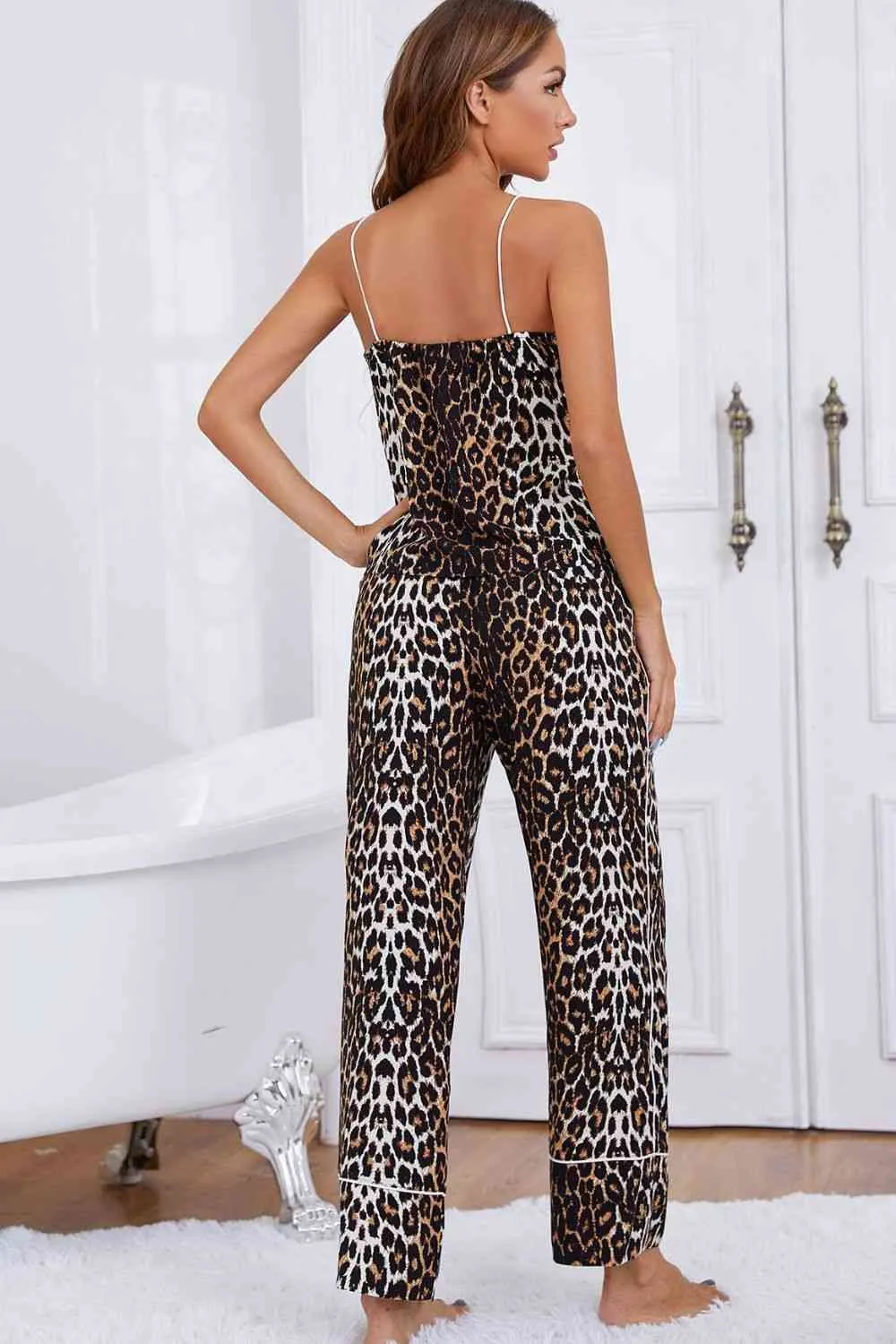 Leopard Contrast Piping Cami and Wide Leg Pants Lounge Set