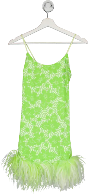 Leslie Amon Green Laurie Feather Trimmed Jacquard Knit Mini Dress UK XS