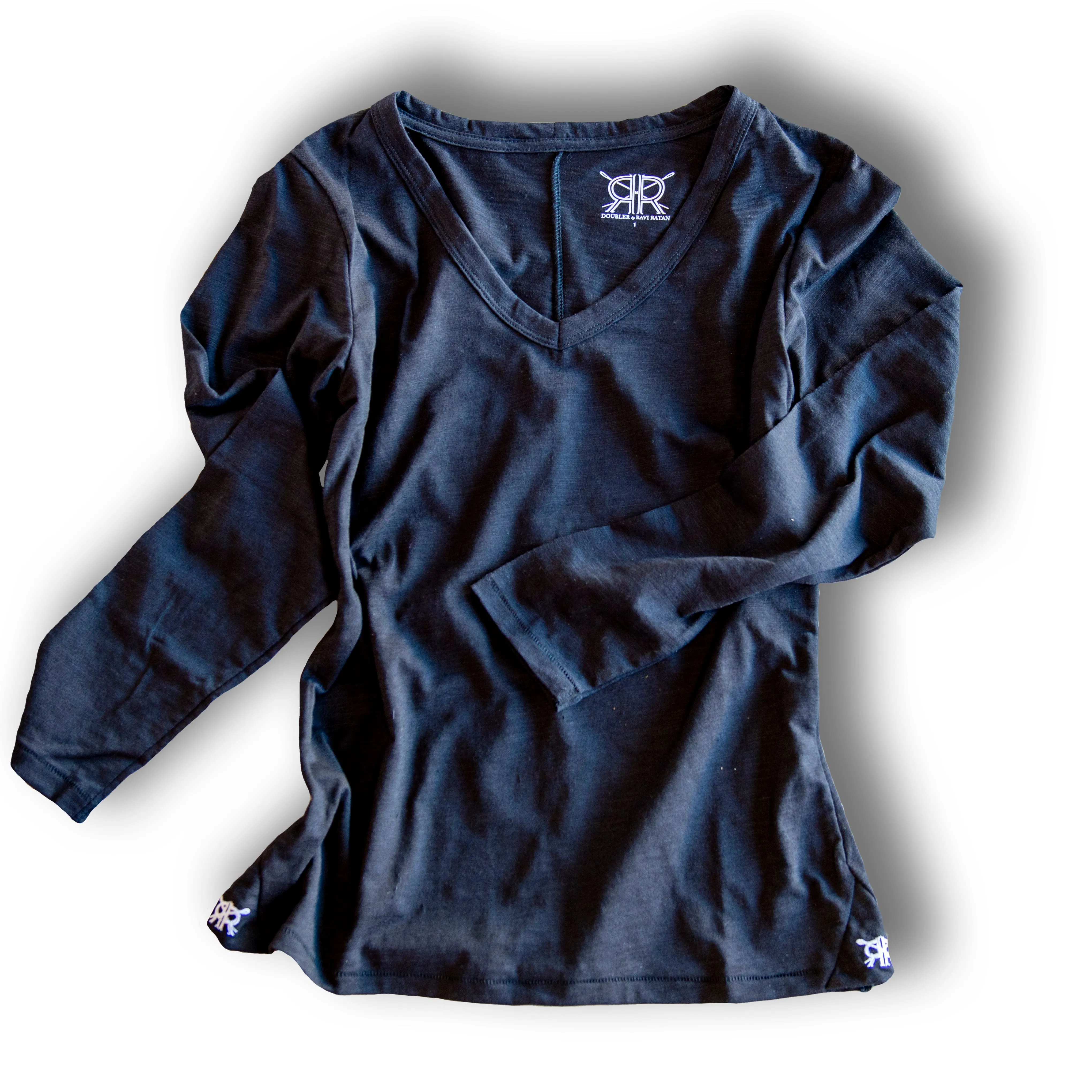 Long Sleeve Black Pima Cotton V Neck T Shirt