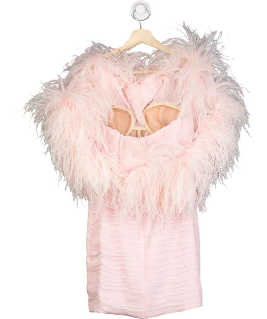 Magda Butrym Off-the-shoulder Feather-trimmed Ruched Silk Mini Dress In Pink UK 6