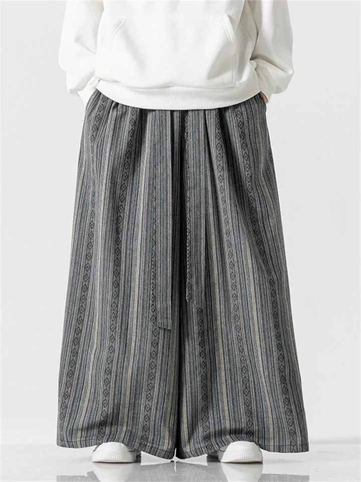 Men's Bohemian Cotton Linen Lace Up Striped Wide Leg Pants