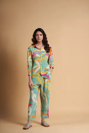 Mint Abstract Printed Viscose Muslin Co-Ord Set