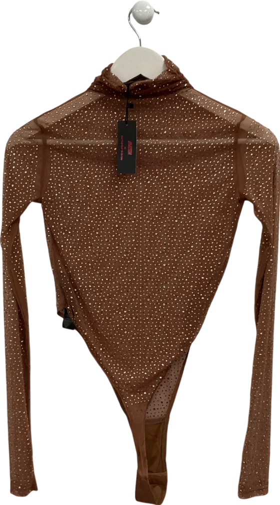 Misspap Brown Miss Joslin Embellished Diamanté Bodysuit UK 6