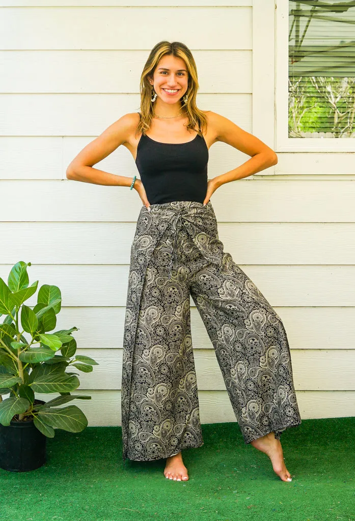 Monochrome Paisley Palazzo Wrap Pants