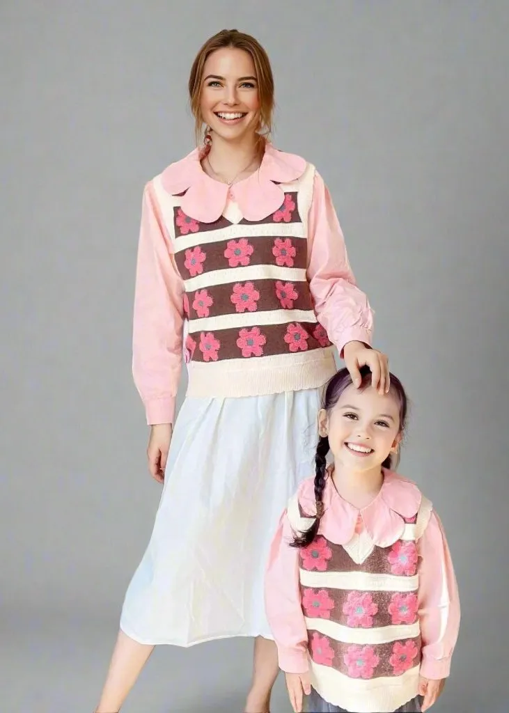 Mother-Daughter Matching Floral Knit Sweater Vest – Pink & Brown Retro Style
