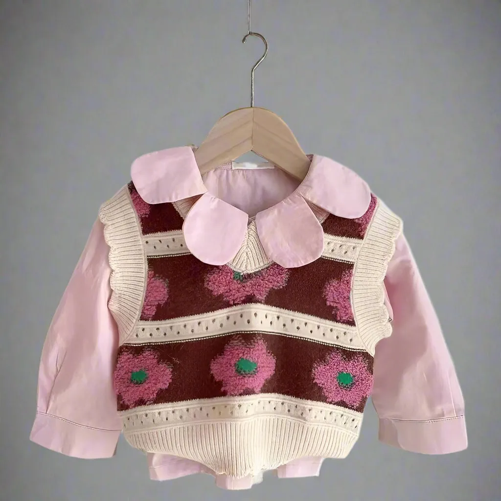 Mother-Daughter Matching Floral Knit Sweater Vest – Pink & Brown Retro Style
