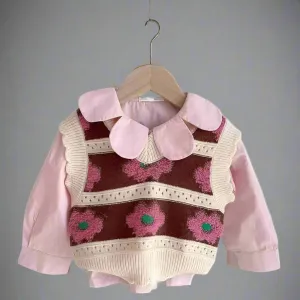 Mother-Daughter Matching Floral Knit Sweater Vest – Pink & Brown Retro Style