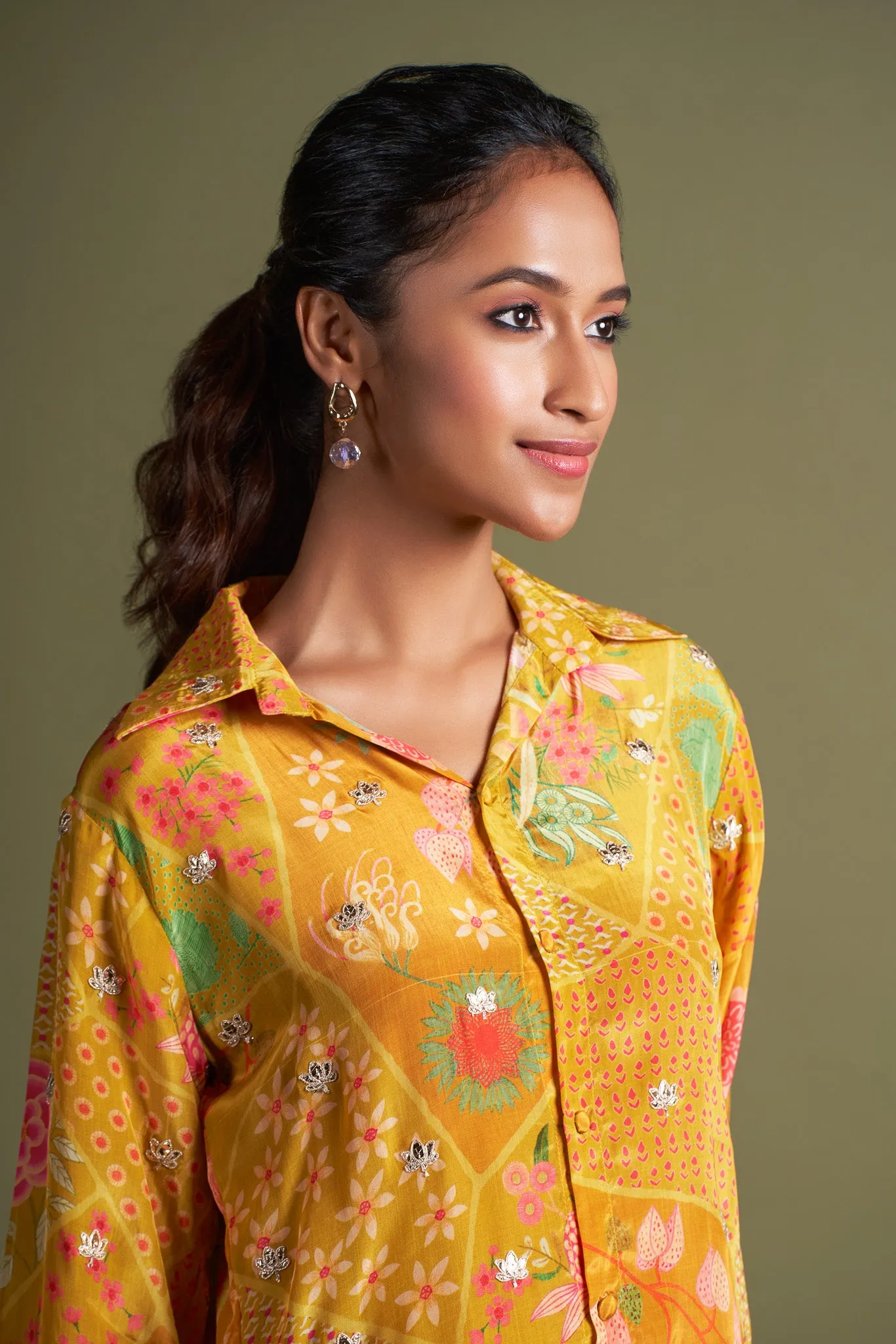 Mustard Natural Viscose Muslin Co-Ord Set with Embroidery