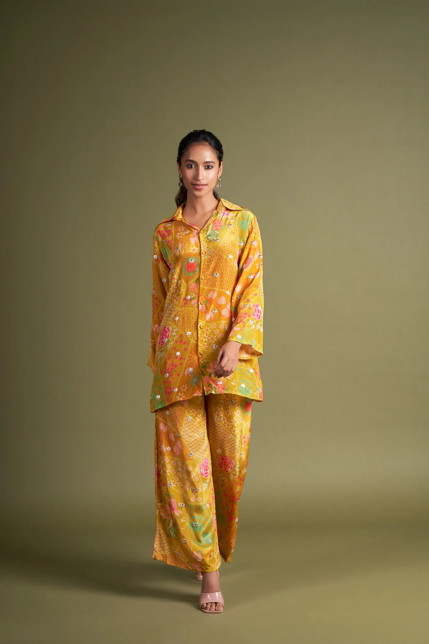 Mustard Natural Viscose Muslin Co-Ord Set with Embroidery