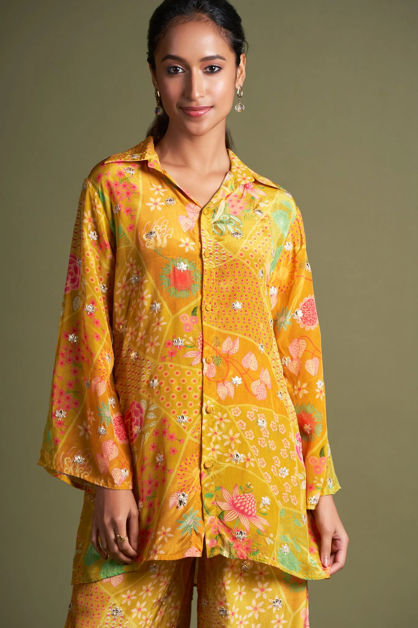 Mustard Natural Viscose Muslin Co-Ord Set with Embroidery
