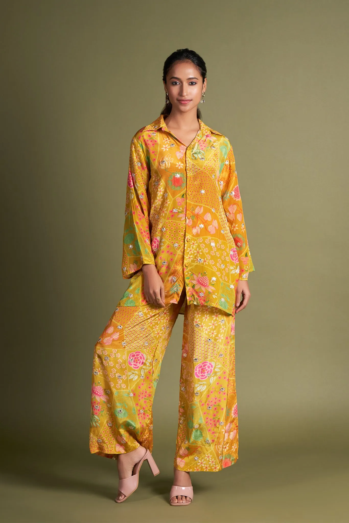 Mustard Natural Viscose Muslin Co-Ord Set with Embroidery