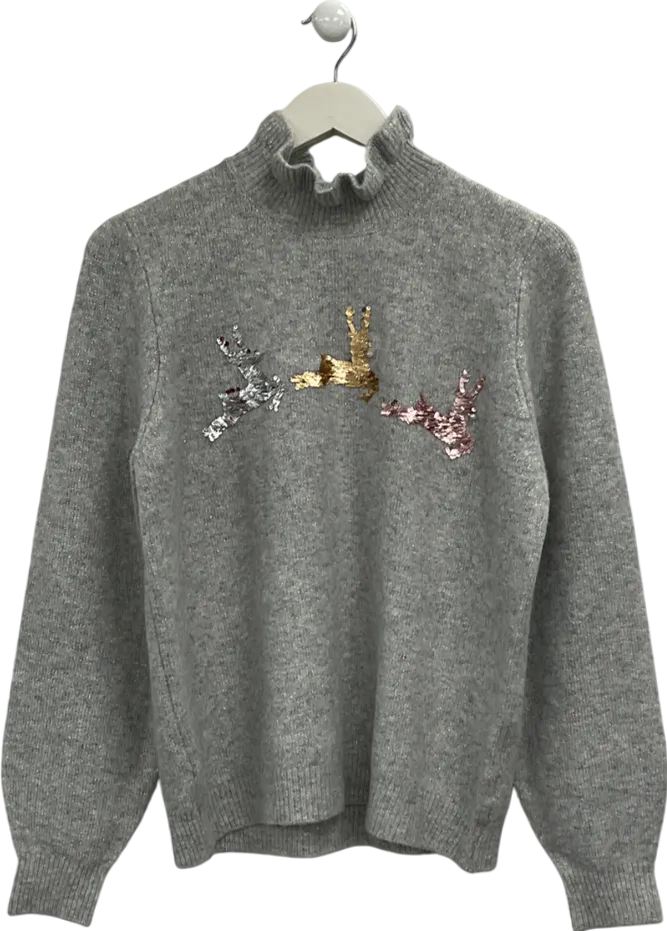 Next Embellished Grey Knit Jumper With Reindeer Sequins UK M