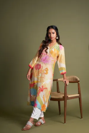 Off White Self Striped Printed Muslin Kurta with Embroidery