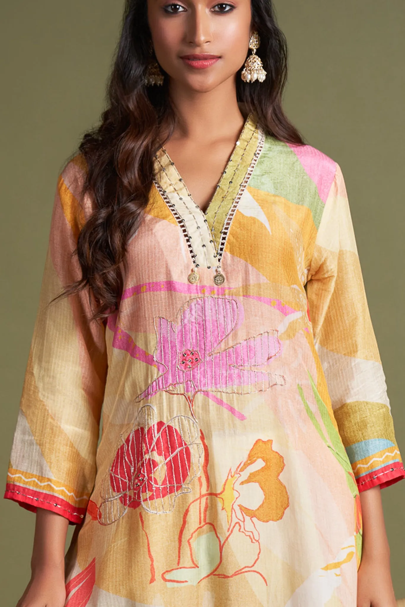 Off White Self Striped Printed Muslin Kurta with Embroidery