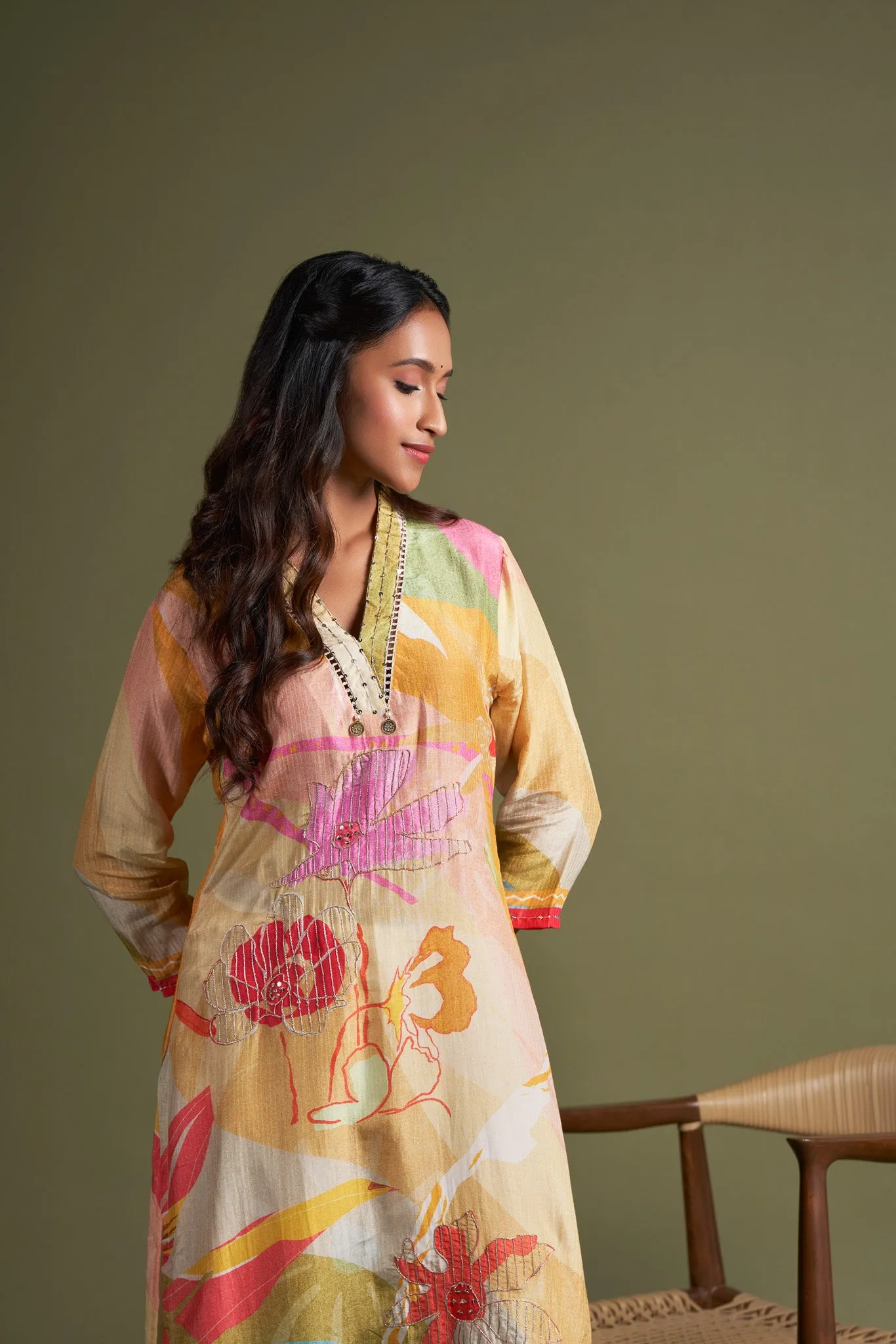Off White Self Striped Printed Muslin Kurta with Embroidery