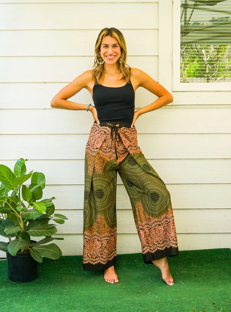 Olive Sunset Mandala Palazzo Wrap Pants