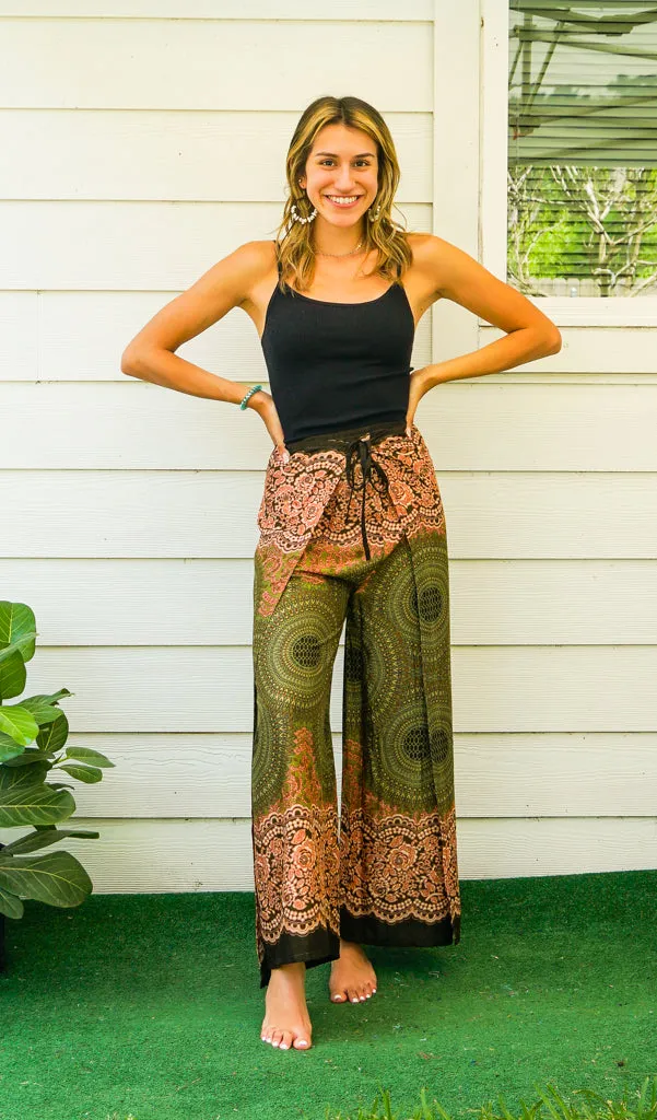 Olive Sunset Mandala Palazzo Wrap Pants