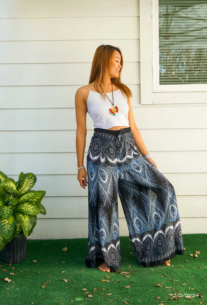 Peacock Feather Palazzo Wrap Pants