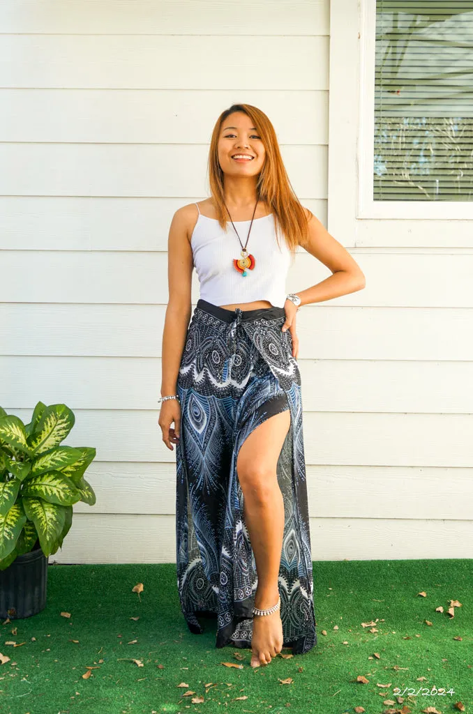 Peacock Feather Palazzo Wrap Pants