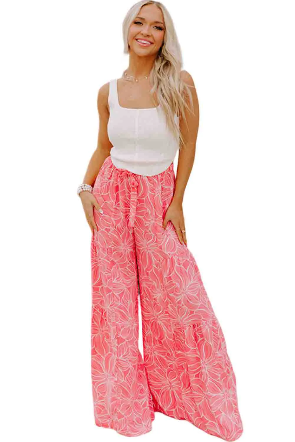 Pink Bohemian Floral Print Wide Leg Pants