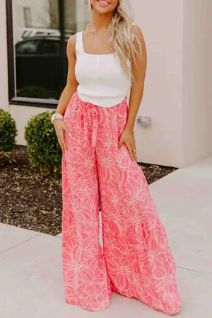 Pink Bohemian Floral Print Wide Leg Pants