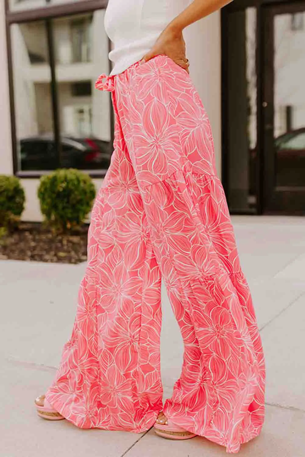 Pink Bohemian Floral Print Wide Leg Pants