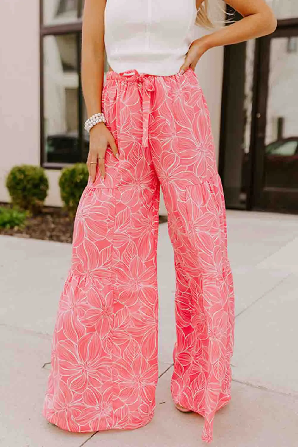 Pink Bohemian Floral Print Wide Leg Pants