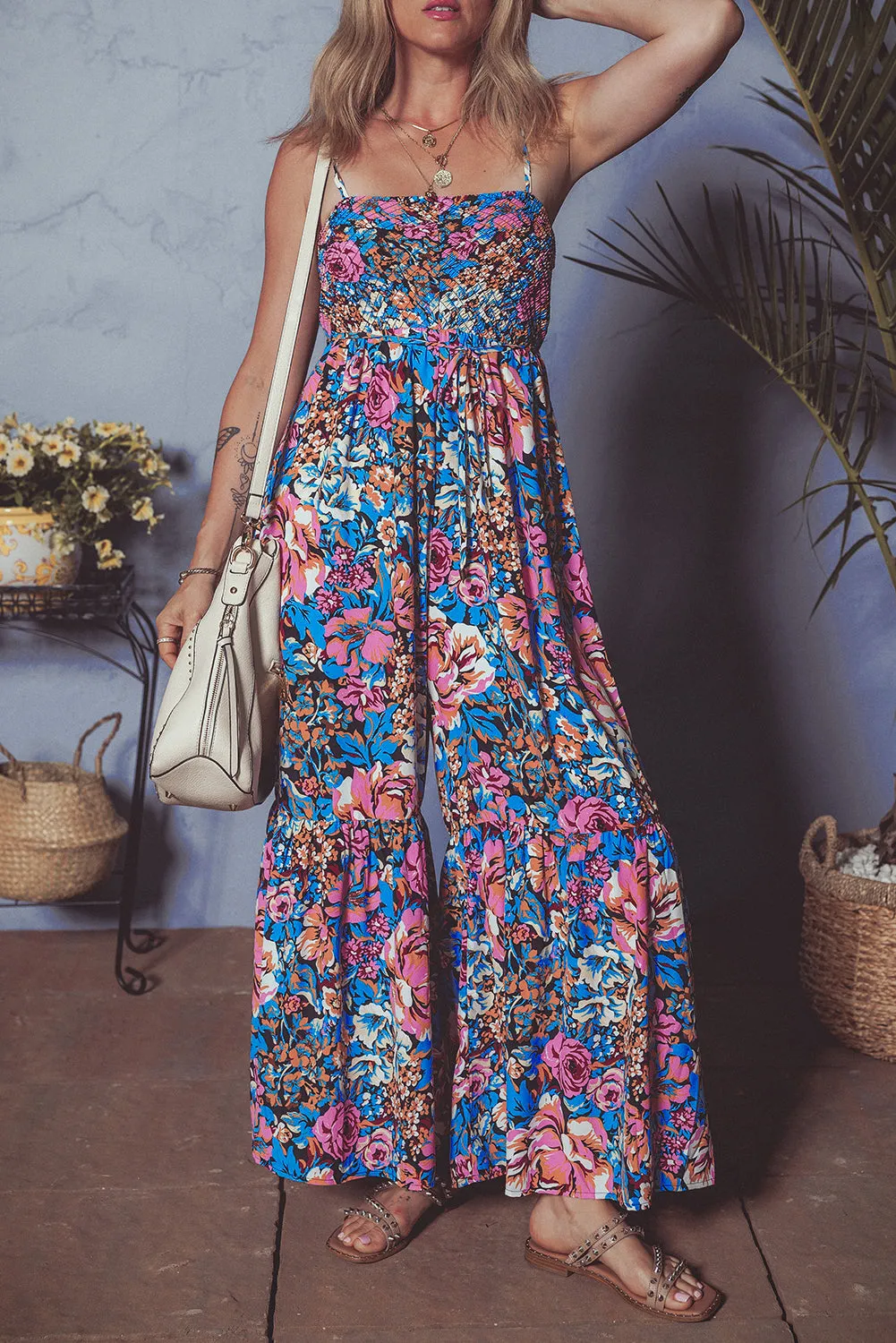 Pink Floral Smocked Bust Spaghetti Straps Wide Leg Jumpsuit