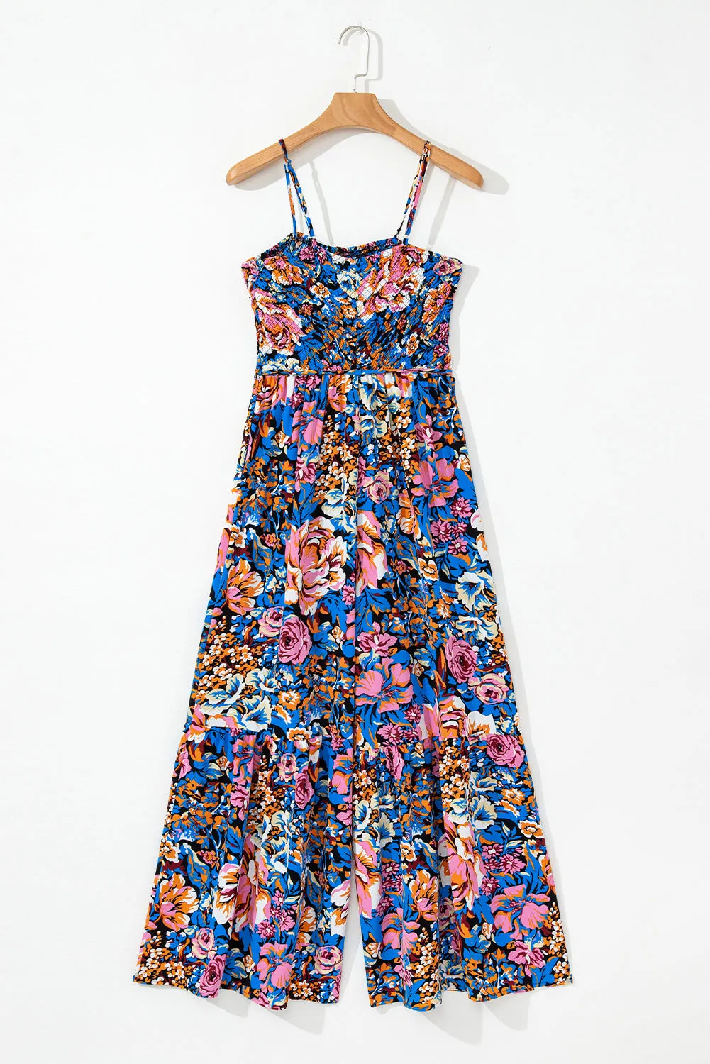Pink Floral Smocked Bust Spaghetti Straps Wide Leg Jumpsuit