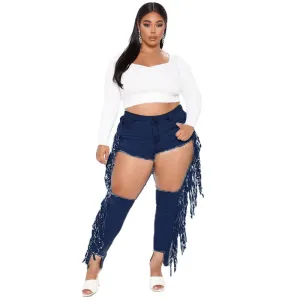 Plus Size Women's Fringed Jeans Big Hole Ripped Pencil Pants