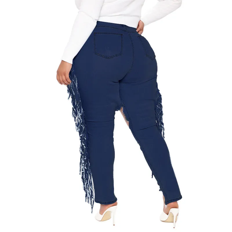 Plus Size Women's Fringed Jeans Big Hole Ripped Pencil Pants
