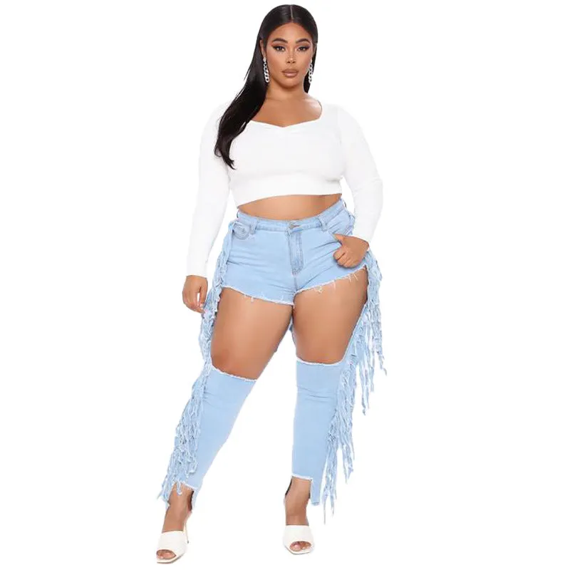 Plus Size Women's Fringed Jeans Big Hole Ripped Pencil Pants
