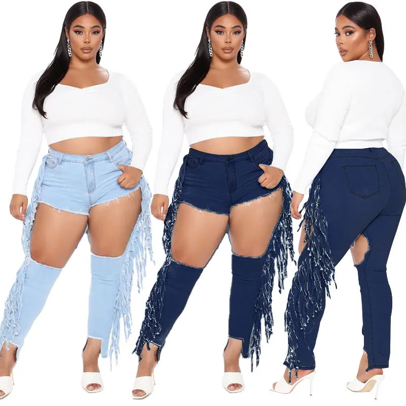 Plus Size Women's Fringed Jeans Big Hole Ripped Pencil Pants