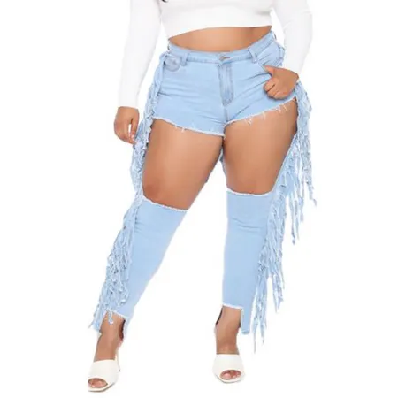 Plus Size Women's Fringed Jeans Big Hole Ripped Pencil Pants