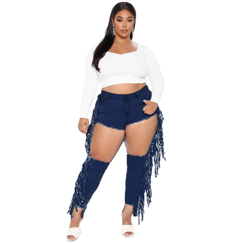 Plus Size Women's Fringed Jeans Big Hole Ripped Pencil Pants