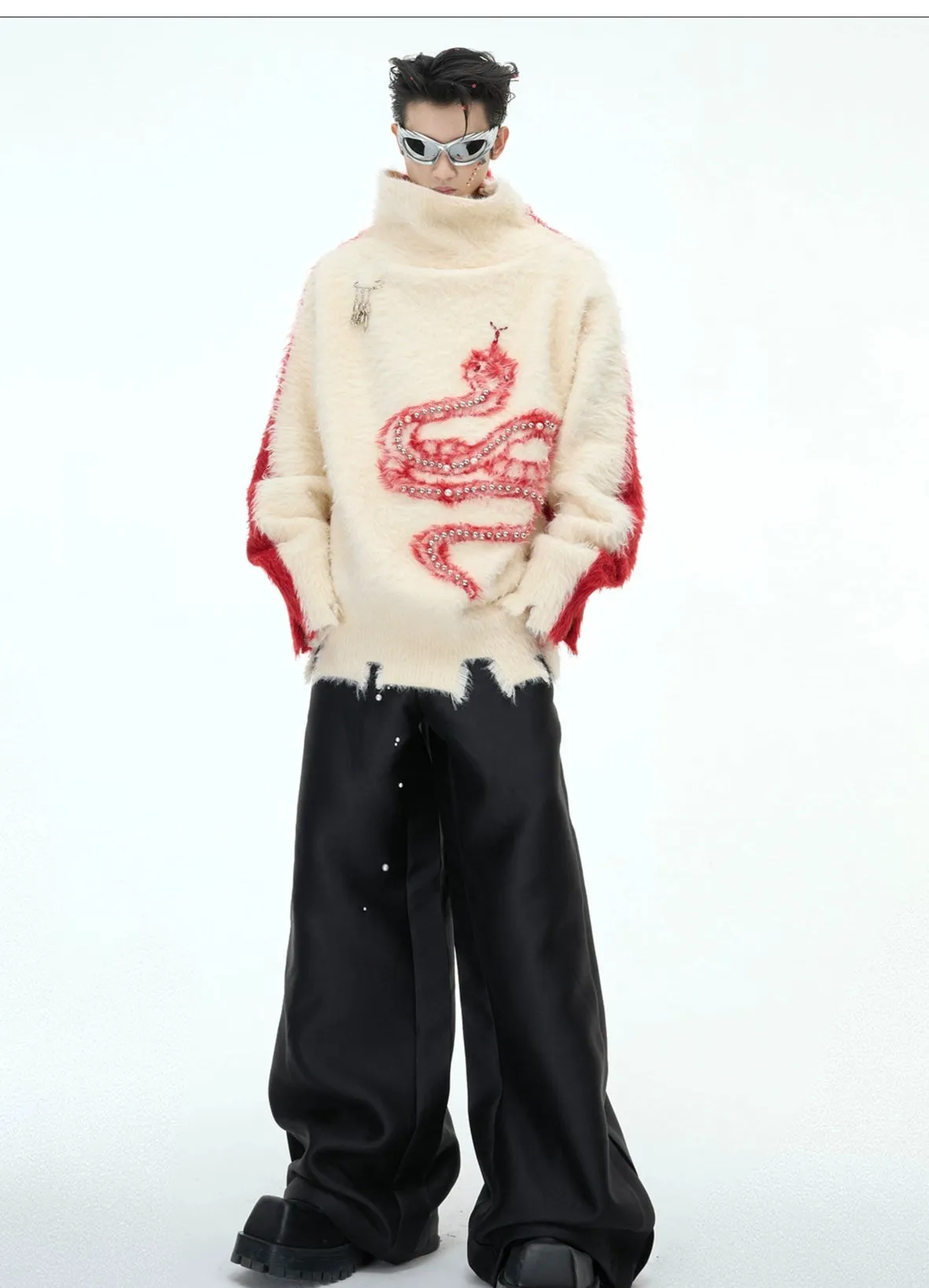 Plush Snake Embellished High Collar Sweater