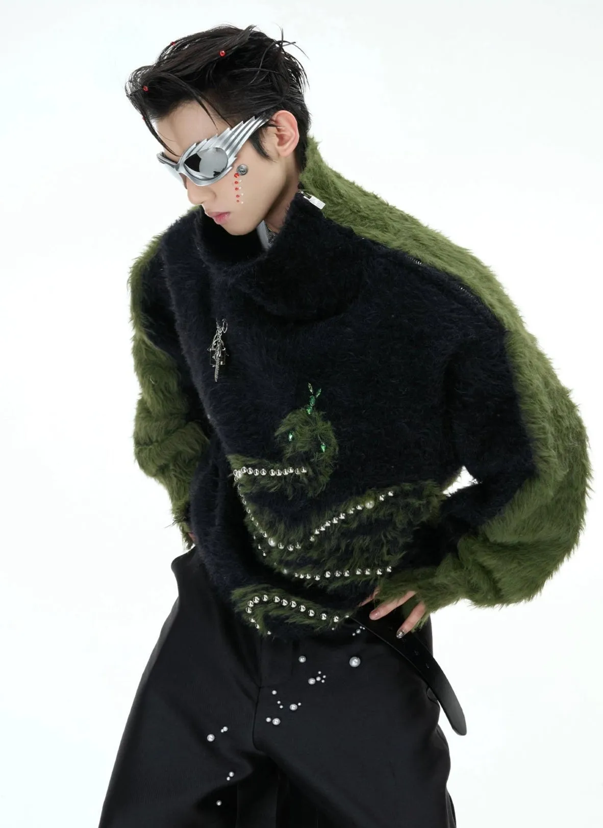 Plush Snake Embellished High Collar Sweater