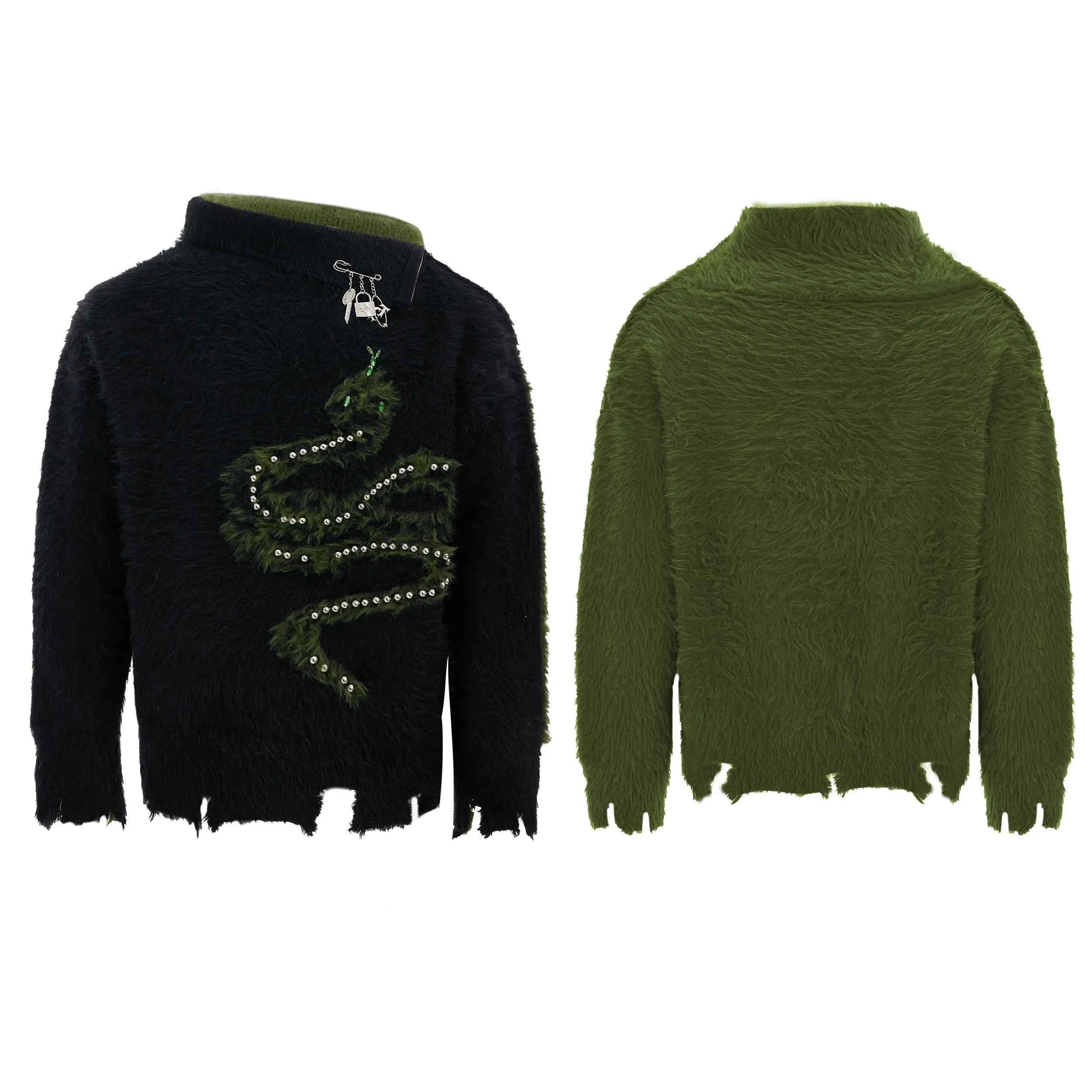 Plush Snake Embellished High Collar Sweater