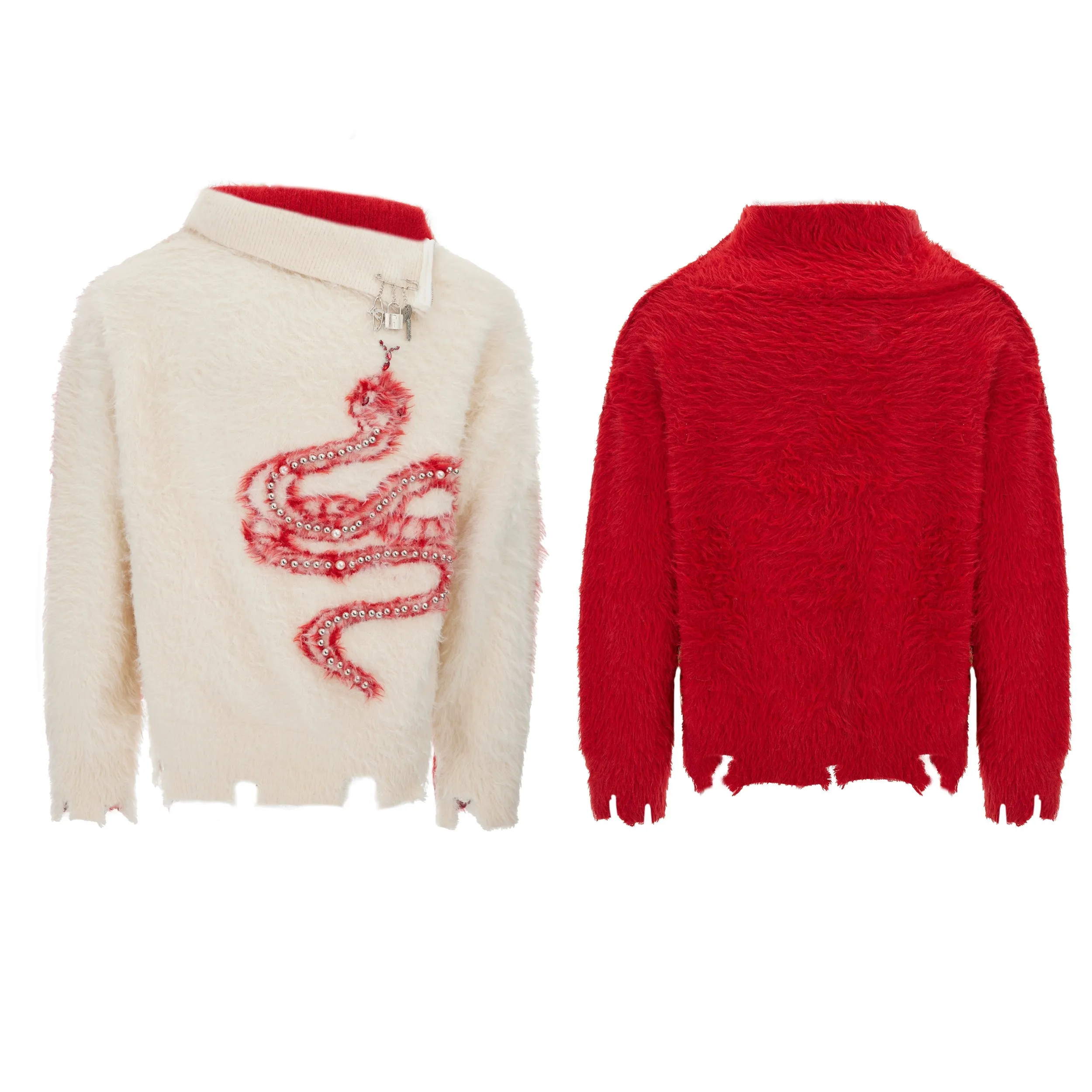 Plush Snake Embellished High Collar Sweater