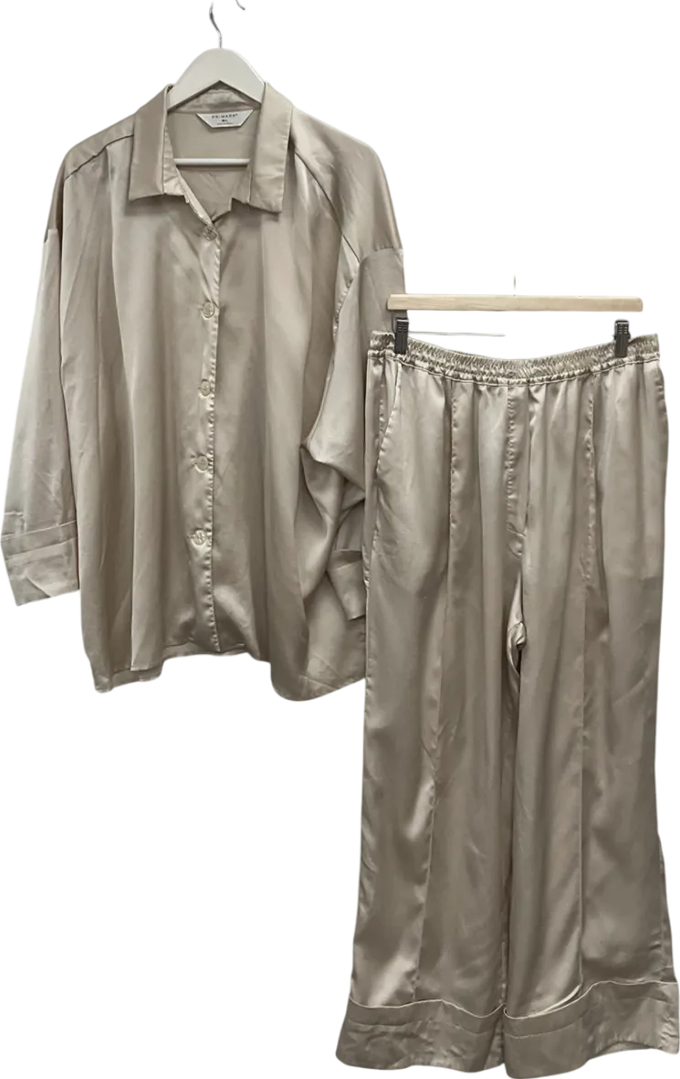Primark Cream Satin Long Sleeve Shirt Pyjama Set UK M/L