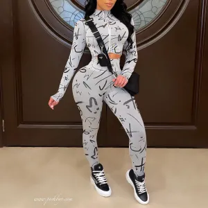 Print Long Sleeve Zipper Design Top & Pants Set