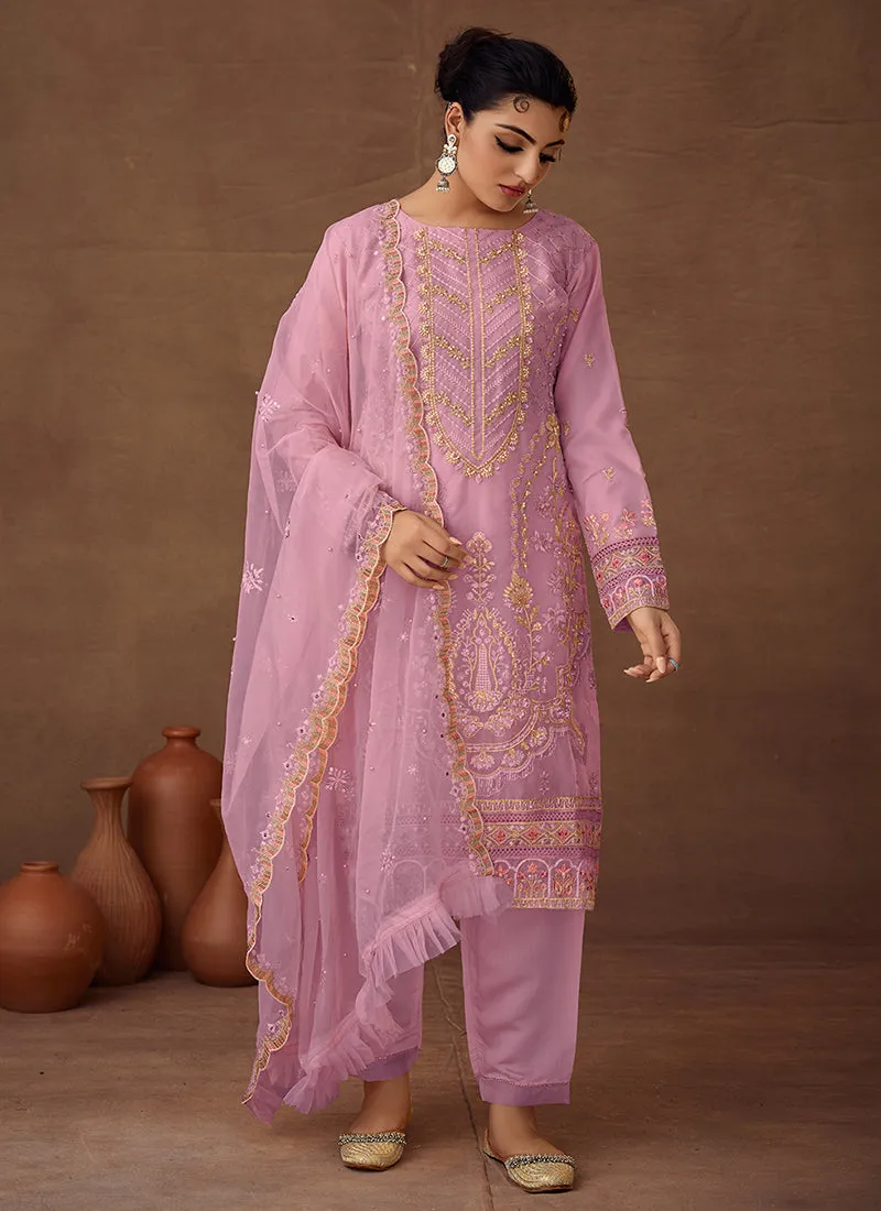 Purple Designer Embroidered Organza Pant Suit