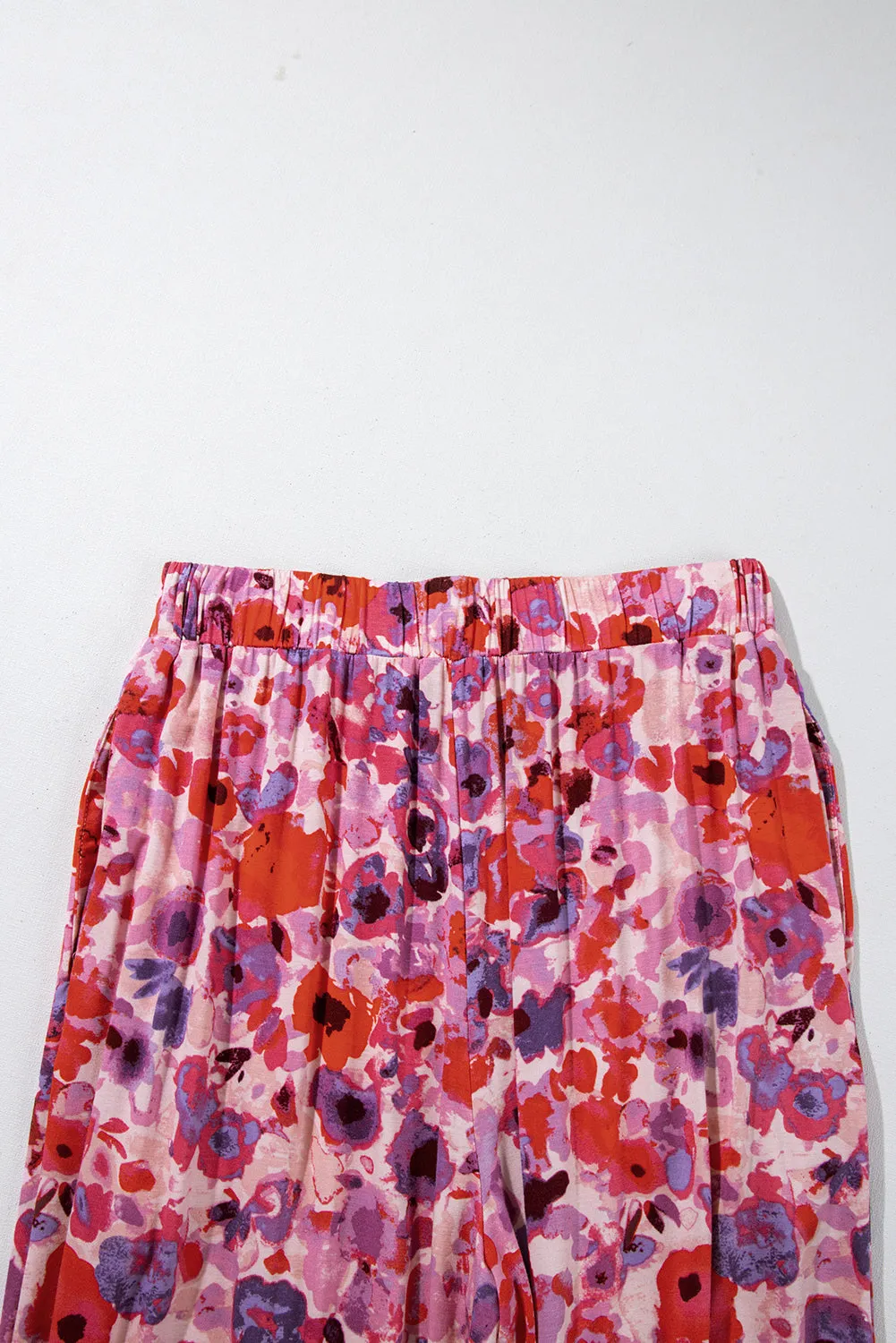 Purple Floral Wide Leg Elastic High Waist Pants