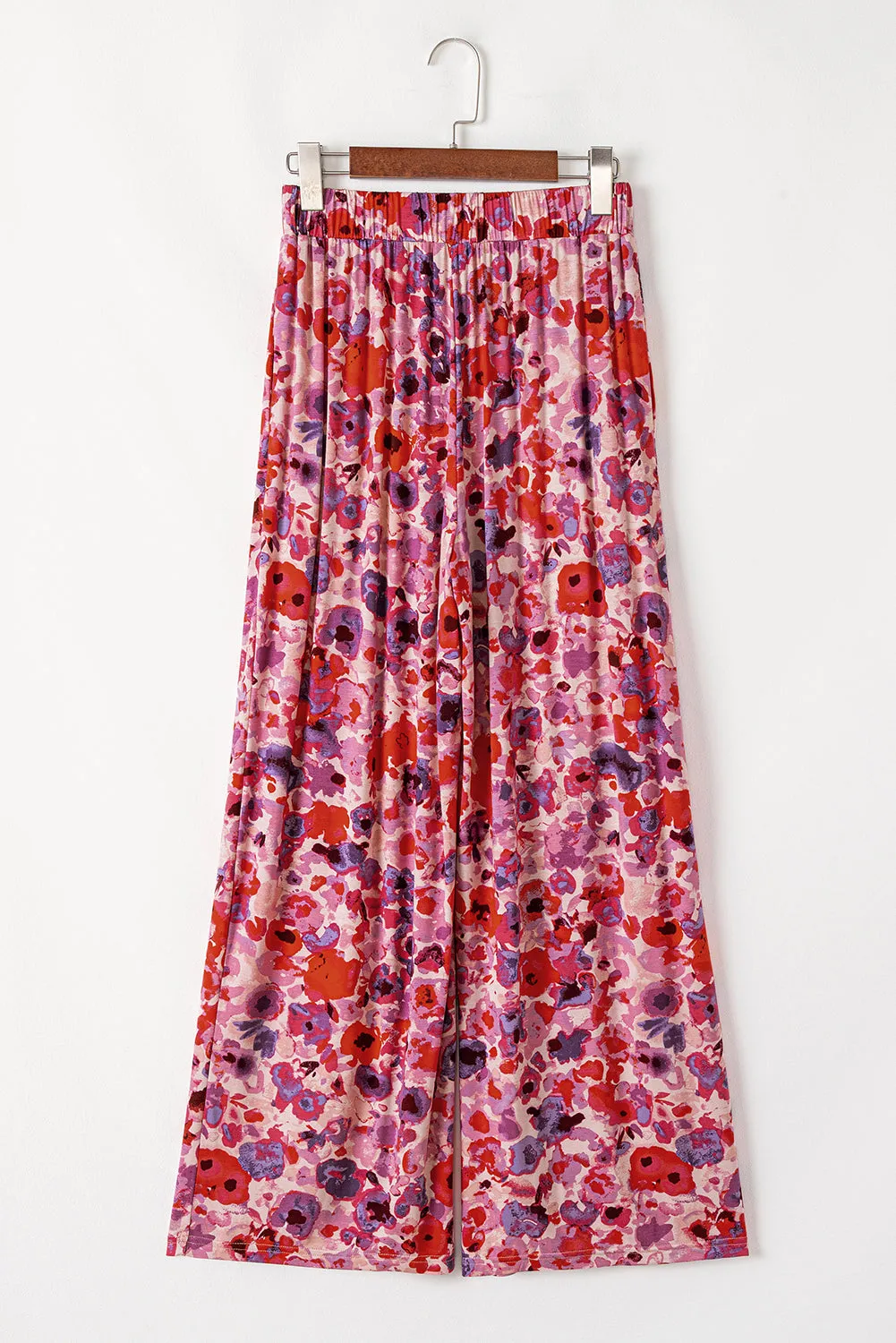 Purple Floral Wide Leg Elastic High Waist Pants