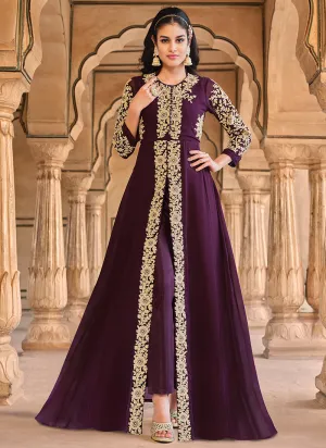 Purple Golden Embroidered Slit Style Anarkali Pant Suit
