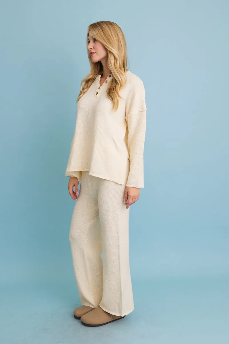 Relaxed Henley Waffle Knit Lounge Set (4 colors)
