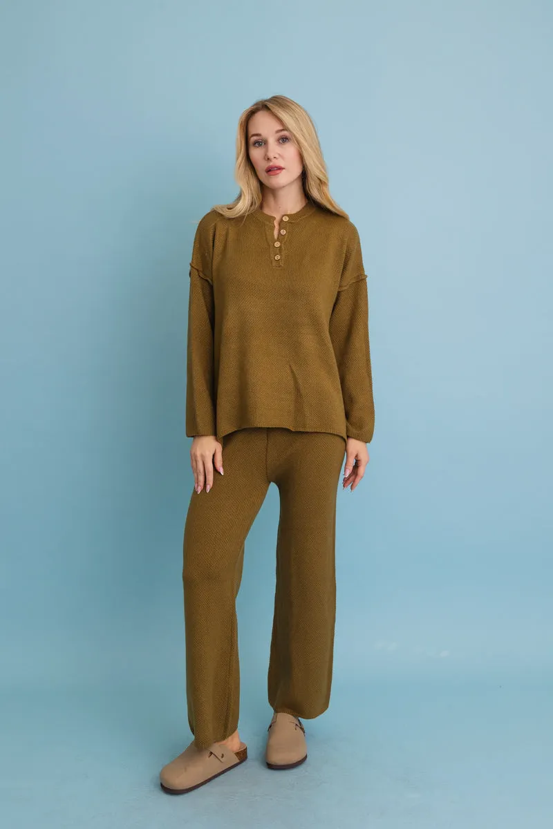 Relaxed Henley Waffle Knit Lounge Set (4 colors)