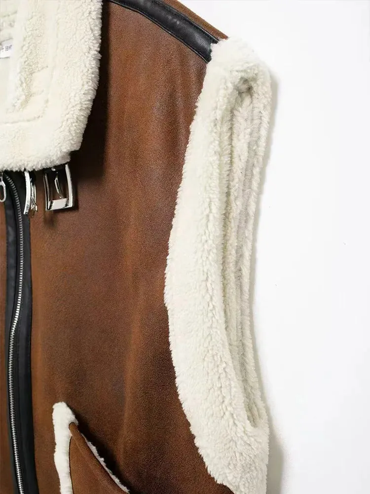 Retro Suede Women's Vest – Warm Plush-Lined Winter Jacket